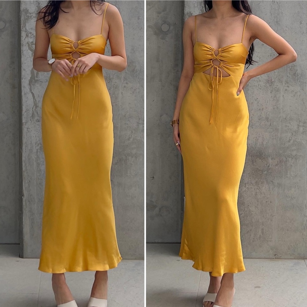 Shona Joy Alma Lace Up Midi Dress Gold Bias Cut Slip Size Small - Picture 13 of 15